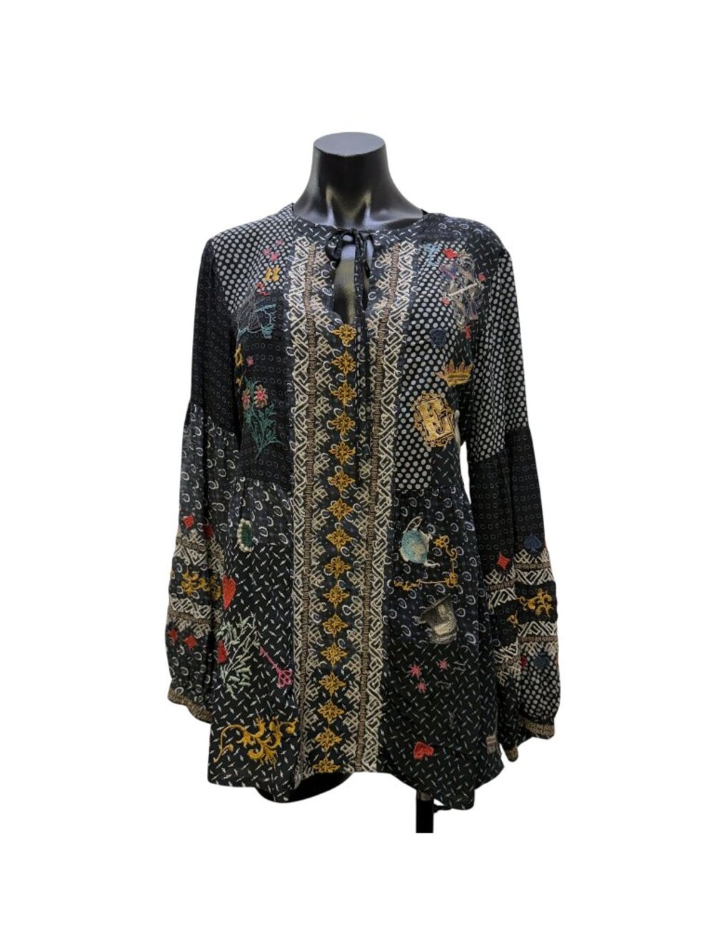 Johnny Was Biya Black Multicolor Embroidered Tunic Blouse XS